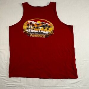 Vintage Mens Hawaii Graphic Tank Top Red Cotton XL Tropical Sunset Beach Shirt